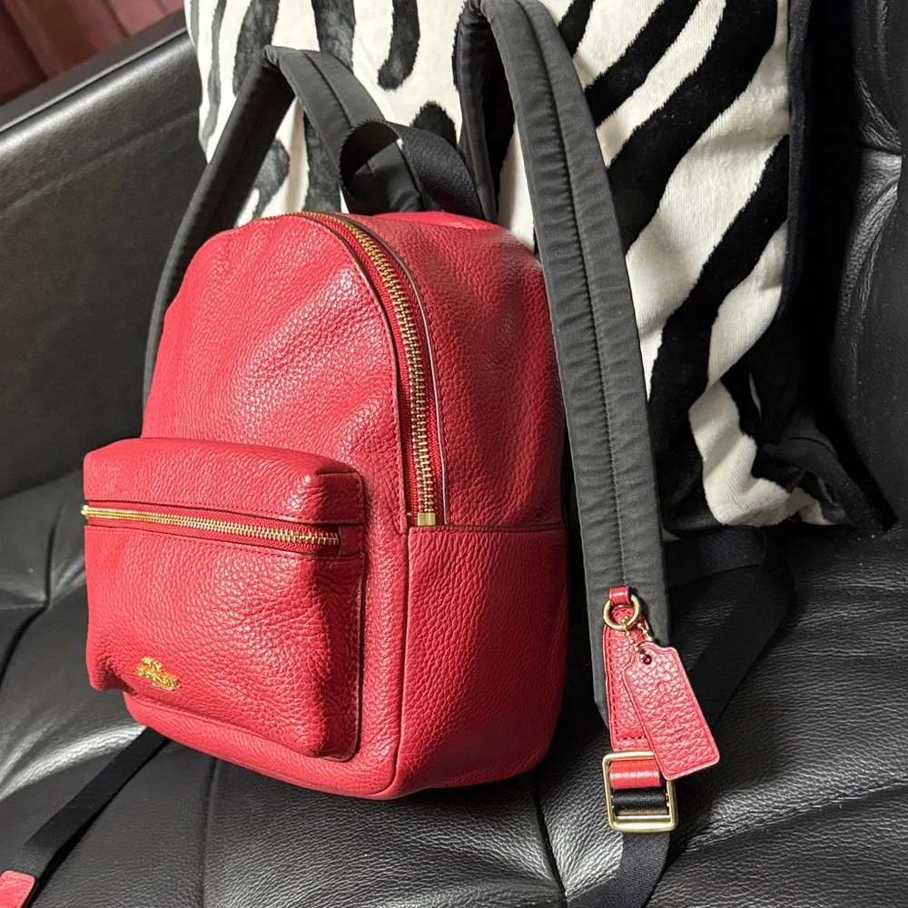 Coach Red Leather Backpack with Black Straps - Picture 5 of 13